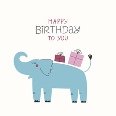 Creative greeting Birthday card with funny elephant and presents.