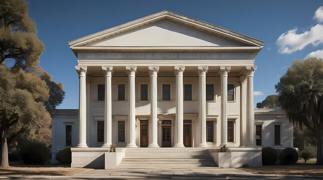 Neoclassical Architecture Building Facade with Columns in Park-like Setting - Historical Landmark with Symmetrical Design and Ornate Grand Entrance