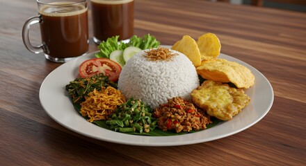 Nasi Campur Dish with Vegetables Rice and Coffee
