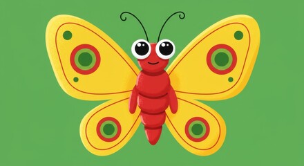 Cute Cartoon Butterfly Illustration, Adorable Red and Yellow Insect Design, Children's Book Character
