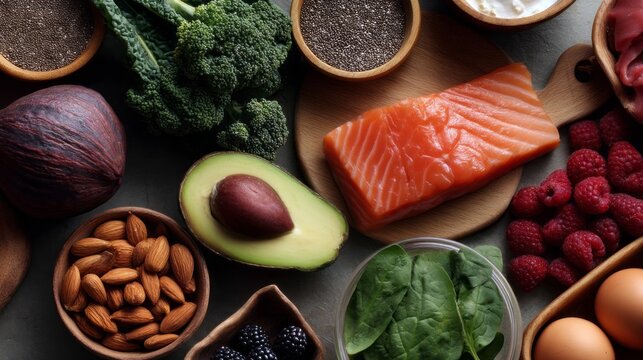 A variety of foods known for their anti-inflammatory effects are displayed on a wooden table. Fresh salmon, berries, greens, and nuts indicate a delicious and nutritious meal preparation