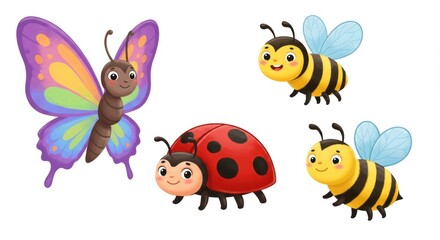 Cute Cartoon Butterfly Ladybug and Bees Vector Illustration Set