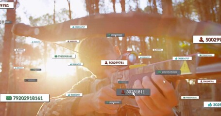 Male archer aiming crossbow in sunlit forest, with floating AR metrics and user count icons - Powered by Adobe