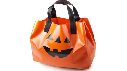 Orange Halloween pumpkin tote bag with black handles sits on white background