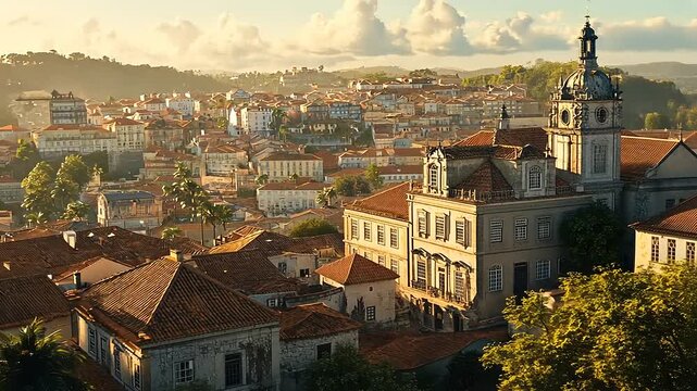 A panoramic view of a historic town with terracotta roofs under a golden sunset sky