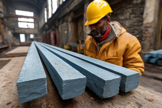 Construction Worker in Yellow Hard Hat Inspecting ispat Beams in Industrial Warehouse &ndash; Material Handling Scene