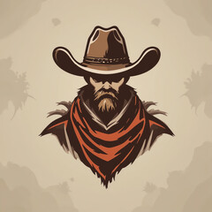 An illustrative design of a rugged cowboy character with a hat and bandana, embodying the spirit of the Wild West and American folklore.