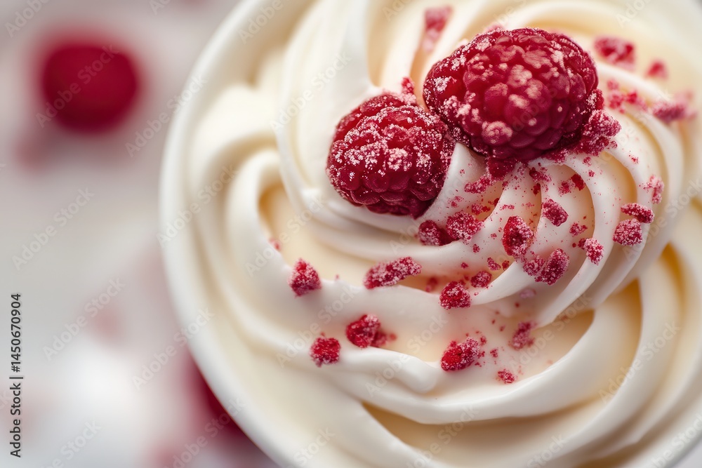 Poster close-up of a luscious white dessert swirl adorned with vibrant raspberries and a sprinkle of red cr