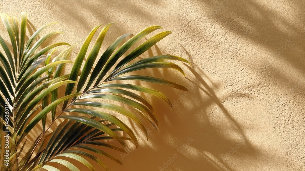 Poster long shadows of palm foliage stretch across a warm yellow textured surface, creating a tranquil atmo