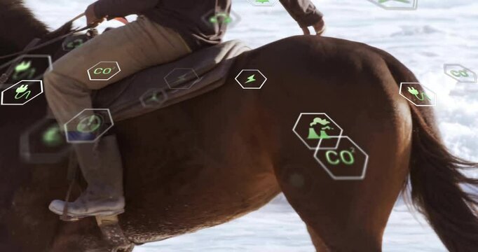 Adult rider guiding dark brown horse along shoreline displaying floating green hexagon energy icons