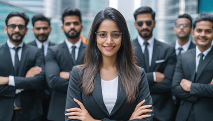 Obraz premium Confidence and Leadership: A portrait of a confident businesswoman, standing at the forefront with her team behind her. Emphasizing authority and collaboration within a dynamic business setting.