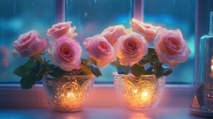 Pink roses in glass vases, illuminated by candlelight, by a window.