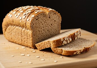 Loaf of sliced whole wheat bread with oats on wooden board