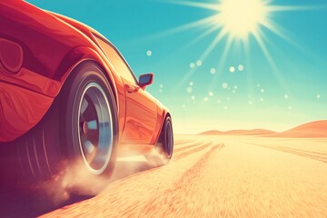 Red sports car speeding through a desert landscape on a hot summer day, leaving a trail of dust behind