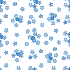 Blue and White Myosotis Flowers seamless pattern, Spring Background. Vector illustration in hand-drawn style