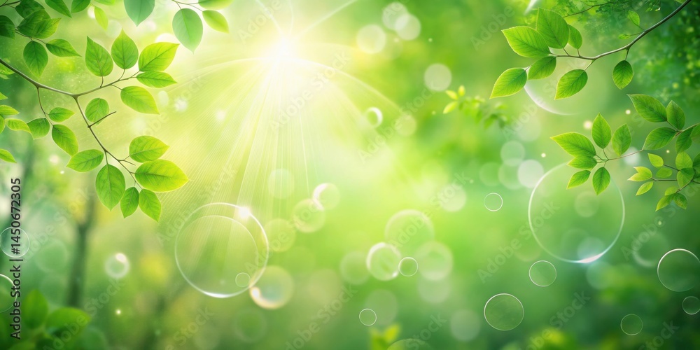 Aufkleber A serene and vibrant image of nature with green leaves and glowing orbs, illuminated by the soft rays of the sun
