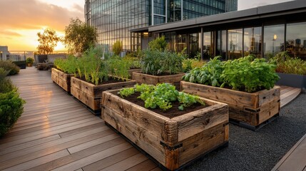 Passionate Urban Farmers at Sunrise Caring for Weathered Reclaimed Wood Planters to Foster Sustainable Practices and Community Resilience