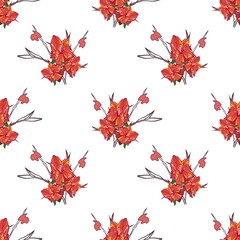 Seamless floral pattern with red tropical flowers for textile, fabrics.