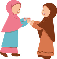 Fototapeta premium Two Young Girls in Hijabs Sharing Food, Friendly Exchange