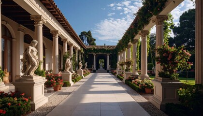 Obraz premium Una impresionante villa romana exhibe un espacioso patio enmarcado por columnas cubiertas de exuberante vegetación. Estatuas bordean elegantemente el sendero, mientras que flores vibrantes añaden toqu