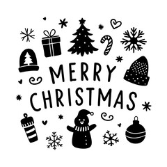 Vector vintage hand drawn Merry Christmas icon silhouette