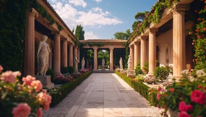 Obraz premium Una impresionante villa romana exhibe un espacioso patio enmarcado por columnas cubiertas de exuberante vegetación. Estatuas bordean elegantemente el sendero, mientras que flores vibrantes añaden toqu