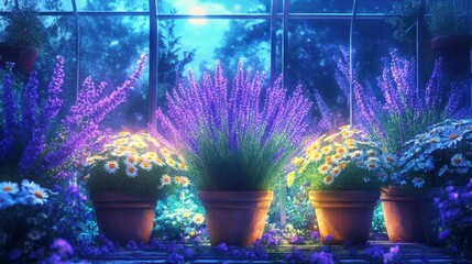 Nocturnal greenhouse garden scene with vibrant flowers.