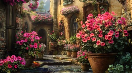 A picturesque alleyway overflowing with vibrant blooms.