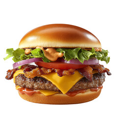 Burger with bacon, cheese, lettuce, and tomato on white background.