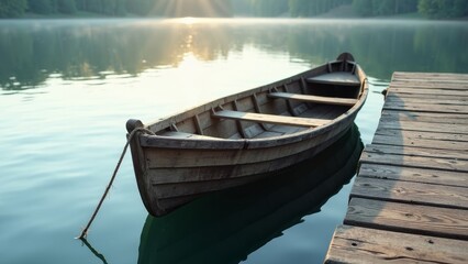 Fototapeta premium Rustic wooden rowboat moored at a tranquil lake dock, embodying serenity and stillness at sunrise