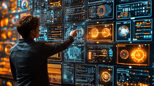 Futuristic interactive wall displays with data visualizations