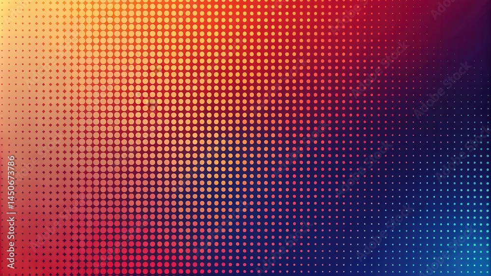 Poster abstract halftone pattern with a vibrant gradient of red, orange, and blue tones