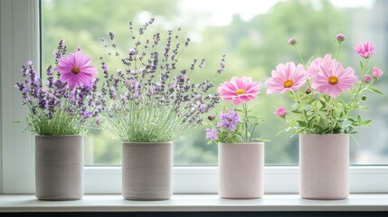 A windowsill display of various flowers in pastel pots.