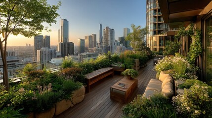 Fototapeta premium Breathtaking Rooftop Forest Garden Overlooking Urban Landscape ? Future of Sustainable Cities