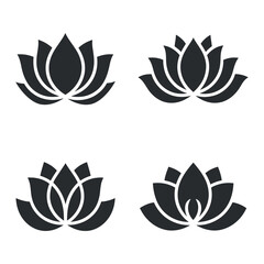 Four distinct lotus flower silhouette vector illustrations, ideal for spiritual, wellness, and design projects focusing on peace, tranquility, and balance.