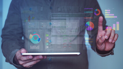Futuristic Data Analytics Dashboard Interface with Hand Gestures and Transparent Tablet