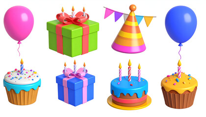 3D icon set of birthday party: cake, candle, balloon, party hat, gift box, streamers, confetti, cupcake. 3d icon. Isolated in white background
