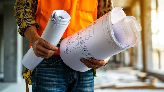 Construction worker reviewing blueprints at building site under natural light