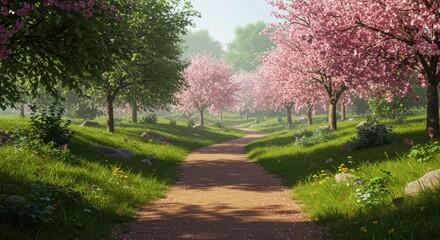 Obraz premium Spring Cherry Blossom Park Path with Green Trees