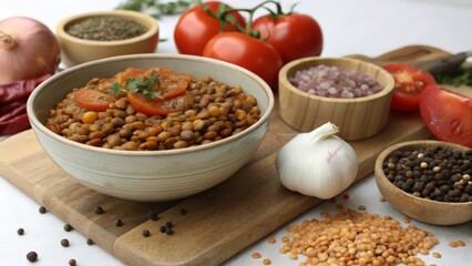 Hearty Cooked Lentils in Ceramic Bowl Surrounded by Fresh Vegetables and Spices
