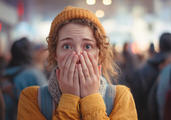 A young individual with curly hair covers their face in distress while surrounded by a crowd, capturing a moment of anxiety amidst a busy environment in the late afternoon
