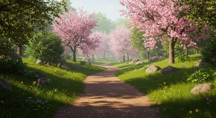 Scenic path in a beautiful spring park with blooming pink trees
