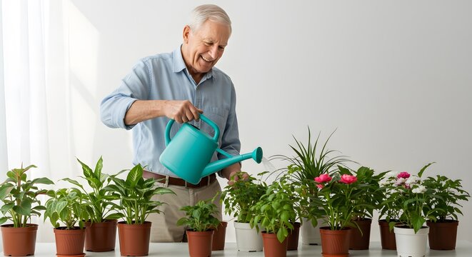 old man watering his plants