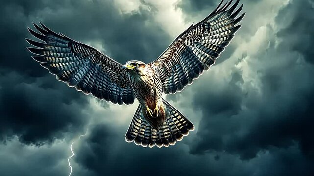 Majestic hawk soaring through a stormy sky, showcasing its wings against dark, ominous clouds
