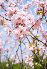 Cherry Blossoms In Spring, A Garden Of Pink Petals, Softly Fluttering In A Gentle Breeze. Serene Blue Sky Provides A Beautiful Backdrop. A Calming Scene.