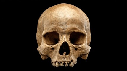 Fototapeta premium A detailed close-up shot of a human skull against a stark black backdrop. The skull's intricate details and texture are vividly captured, creating a dramatic and somewhat eerie image.