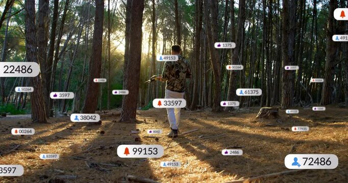 drone operator walking through pine forest at sunset, with floating social media marketing badges