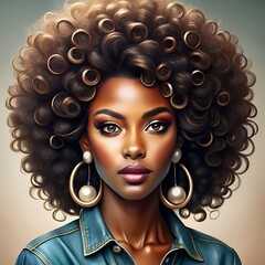 A digital airbrushed illustration in a vibrant, elegant style captures a heavyset African American lady with voluminous curly hair in black and gold hues. She is casually posed.