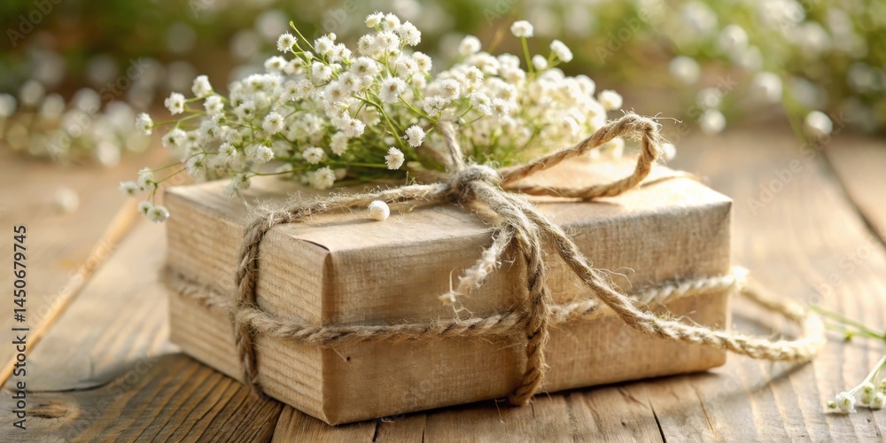 Aufkleber a simple wooden box wrapped in twine and adorned with delicate white blossoms, resting on a rustic w
