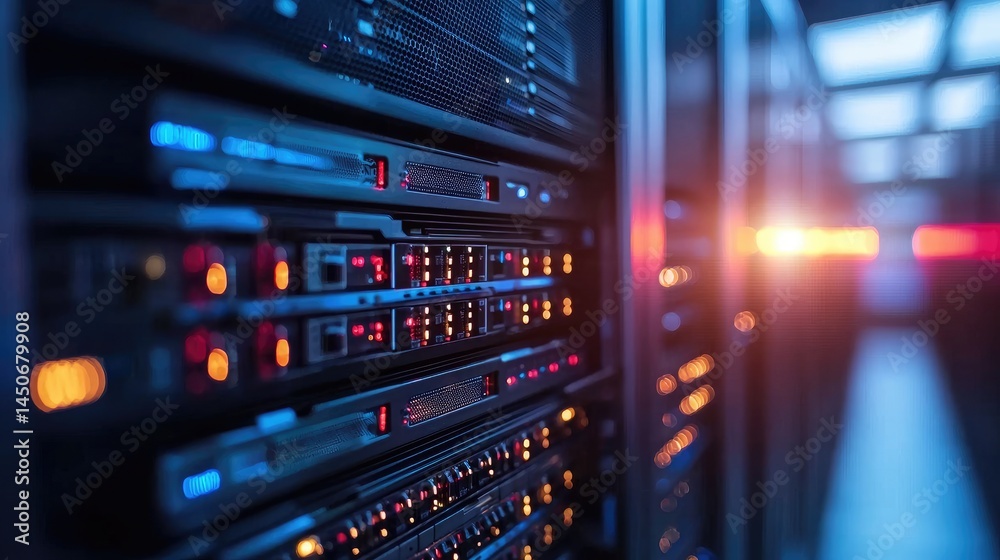 Fototapete Digital server row in a tunnel of blue lights, ideal for futuristic infrastructure, automated data handling, and internet service designs